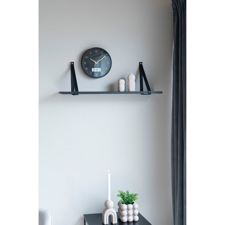 QUVIO Wandplank zwevend met lederen banden – 80x20 cm – Hout - Zwart (2)