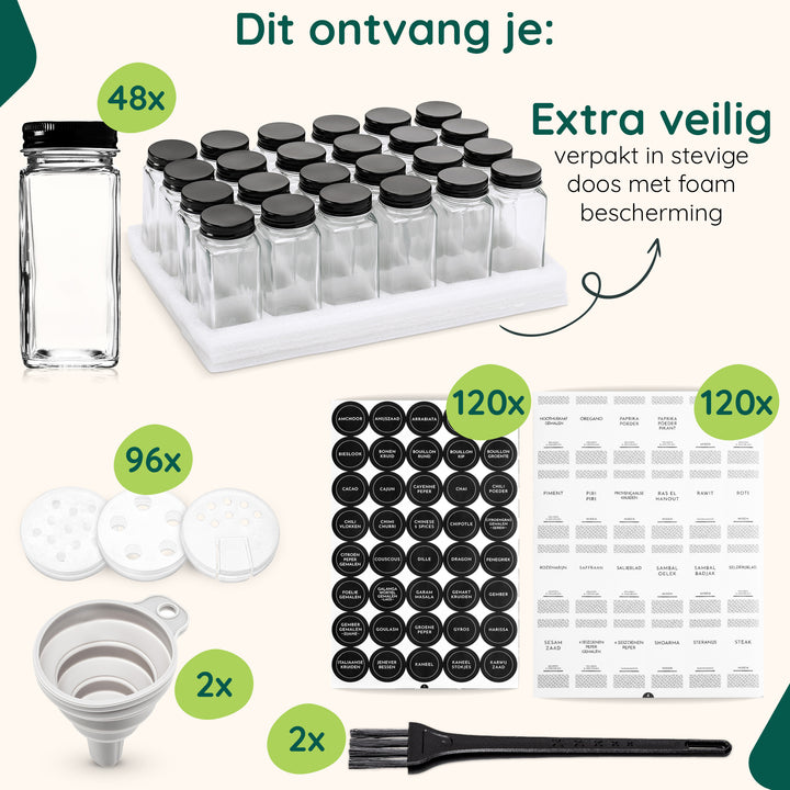 XIVADA Glazen kruidenpotjes vierkant - Stickers - Zwart - 48 stuks (1)