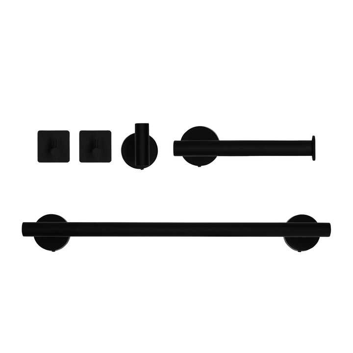 QUVIO Badkamer accessoires set (2x haakjes + toiletrolhouder + handdoekhouder) - 5 delig - RVS - Zwart (1)