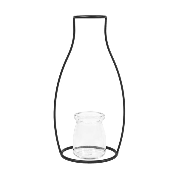 QUVIO Bloemenvaasje glas met stalen frame - Zwart