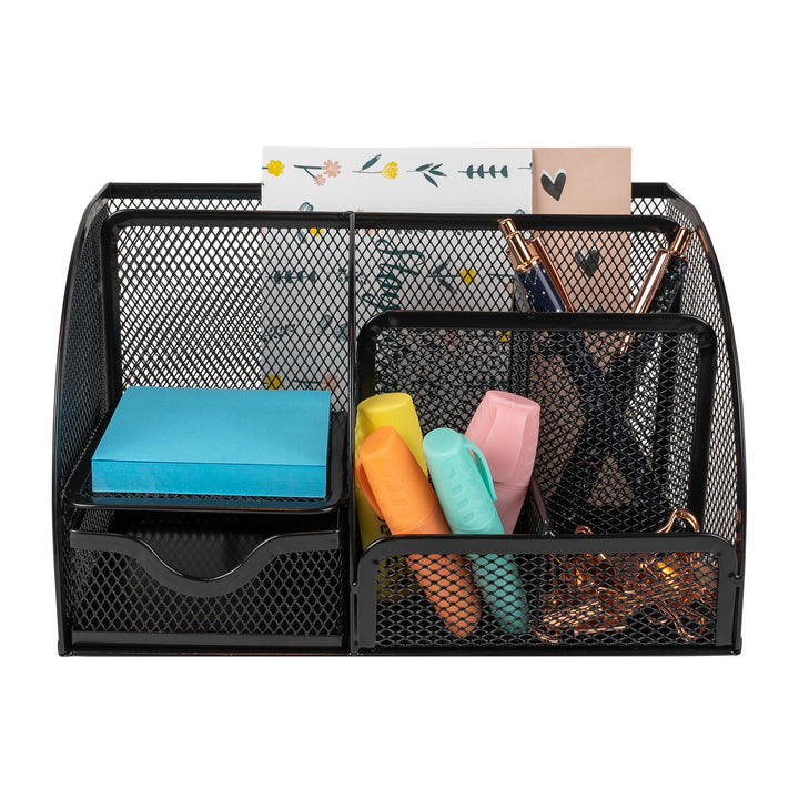 QUVIO Bureau organizer 5 vakken + 1 lade + 1 plankje met gaas - Zwart (1)