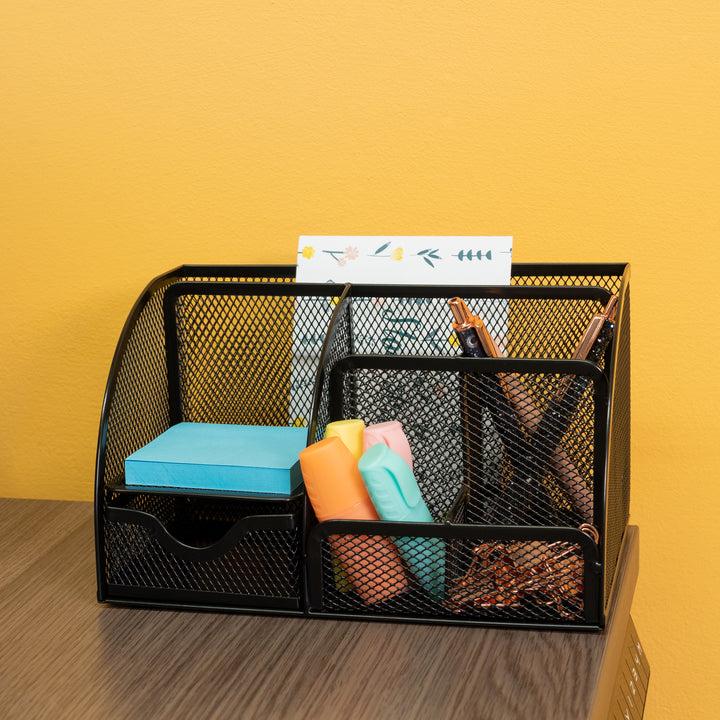 QUVIO Bureau organizer 5 vakken + 1 lade + 1 plankje met gaas - Zwart (5)