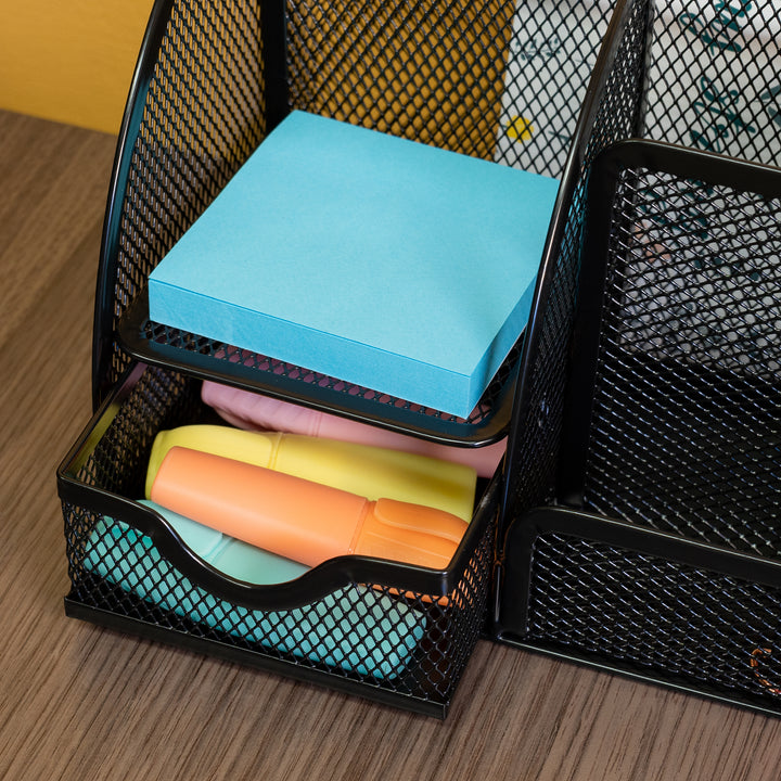 QUVIO Bureau organizer 5 vakken + 1 lade + 1 plankje met gaas - Zwart (6)