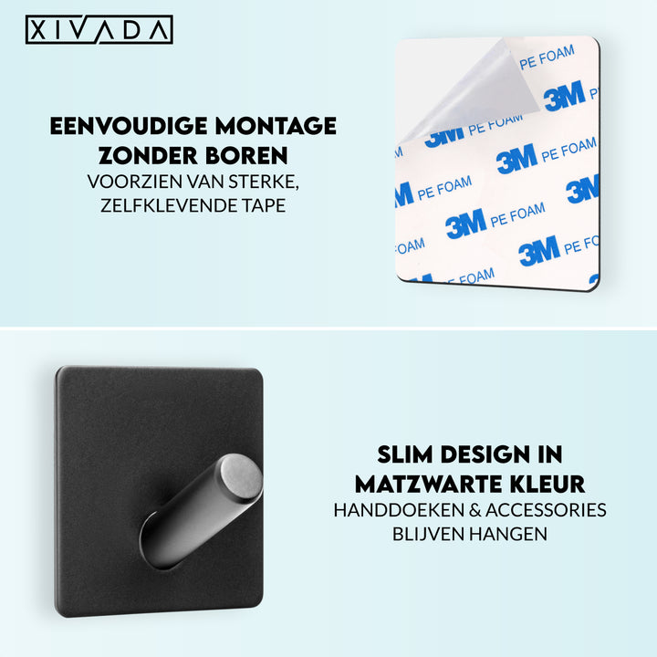 XIVADA Handdoekhaak Paza - Rvs - 3M Tape - Zwart - Set van 2 (2)