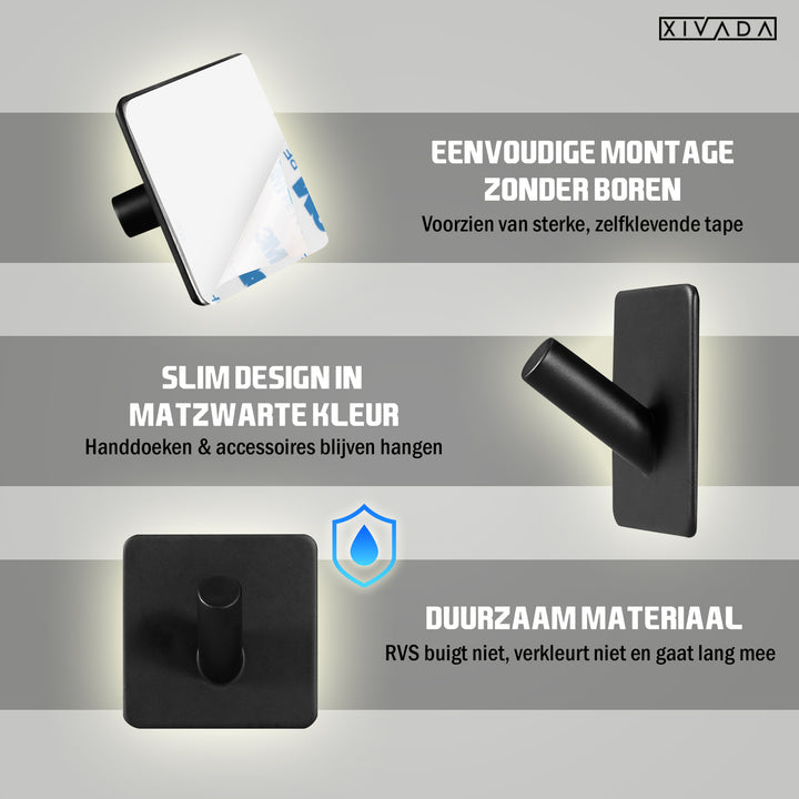XIVADA Handdoekhaak Paza - Rvs - 3M Tape - Zwart - Set van 2 (3)