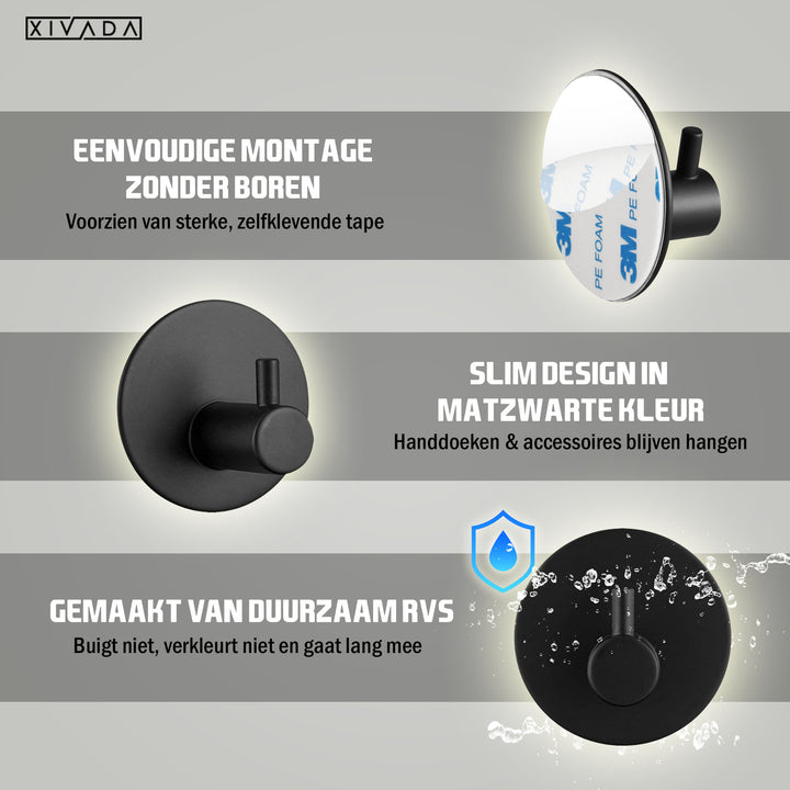 XIVADA Hannddoekhaakjes Roma - RVS - Zelfklevend - Zwart - Set van 2 (2)