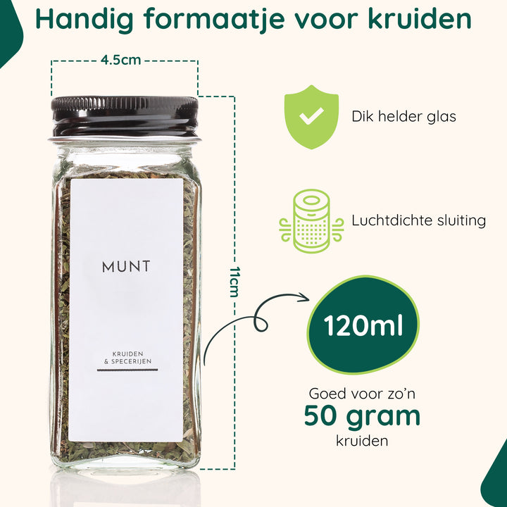 XIVADA Glazen kruidenpotjes vierkant - Stickers - Zwart - 36 stuks (10)