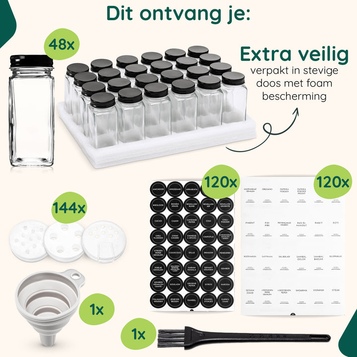 XIVADA Glazen kruidenpotjes vierkant - Stickers - Zwart - 24 stuks (5)