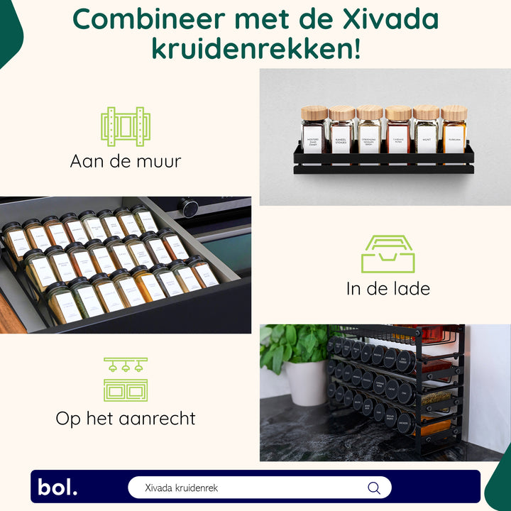 XIVADA Glazen kruidenpotjes vierkant - Stickers - Zwart - 24 stuks (6)
