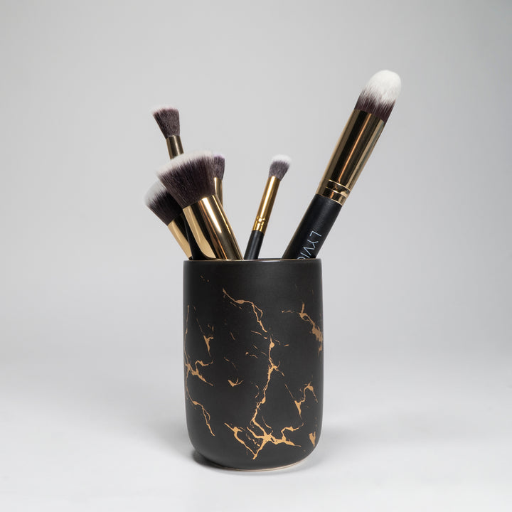 QUVIO Make-up kwastenhouder en tandenborstelhouder - Zwart met goud (2)