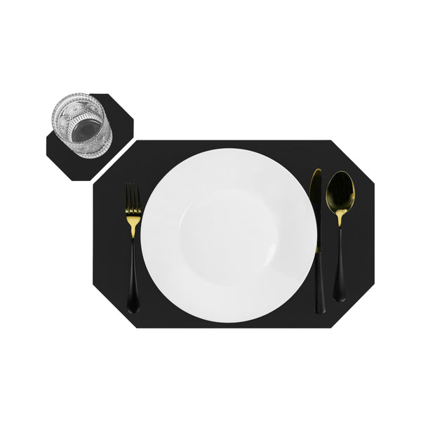Krumble Placemat achthoekig + onderzetter - PU Leder - Zwart
