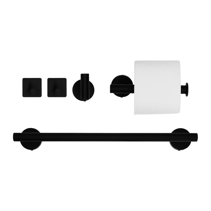 QUVIO Badkamer accessoires set (2x haakjes + toiletrolhouder + handdoekhouder) - 5 delig - RVS - Zwart