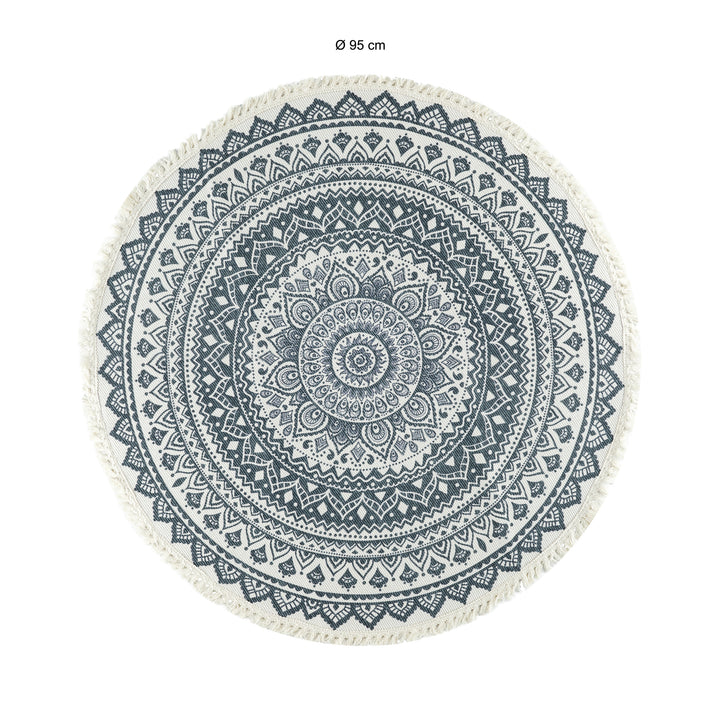 QUVIO Tapijt rond met franjes en mandala opdruk - 90 cm - Gebroken wit/Antraciet (1)