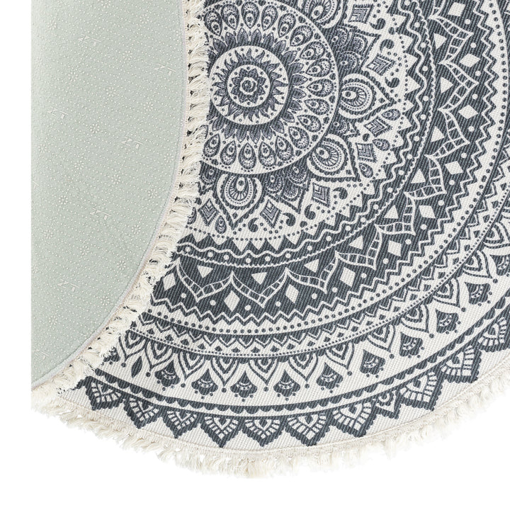 QUVIO Tapijt rond met franjes en mandala opdruk - 90 cm - Gebroken wit/Antraciet (2)