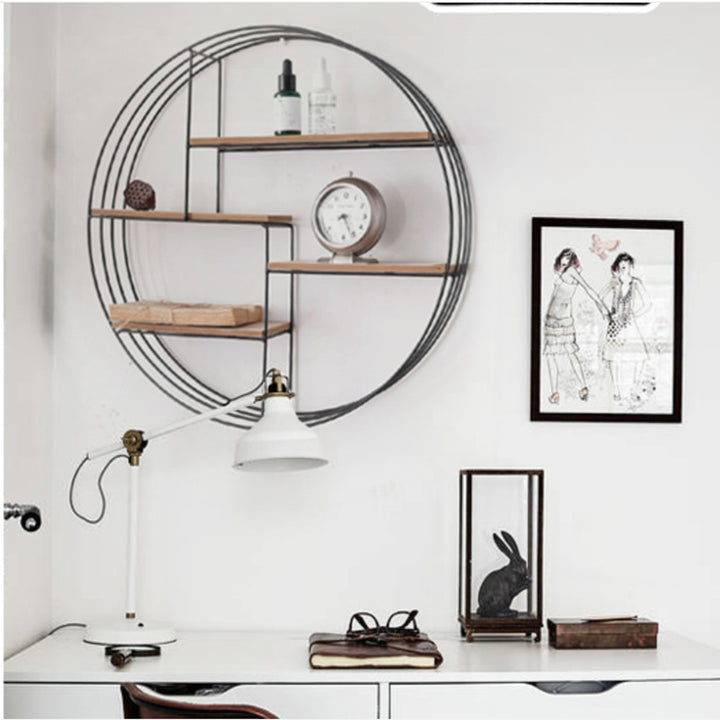 QUVIO Rond stalen rek met houten panelen (1)