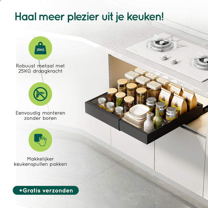 XIVADA Keukenorganizer - Schuiflade  - Aluminium - Verstelbaar - Zwart (1)