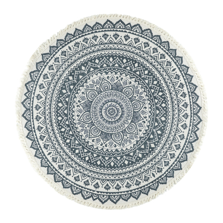 QUVIO Tapijt rond met franjes en mandala opdruk - 90 cm - Gebroken wit/Antraciet
