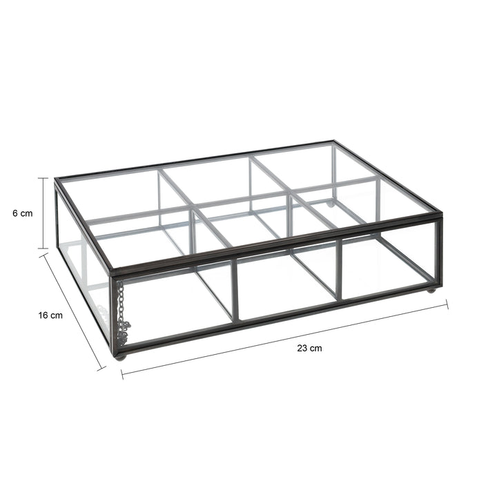 QUVIO Theedoos - Glas - Metaal - Zwart - 6 vakjes (1)