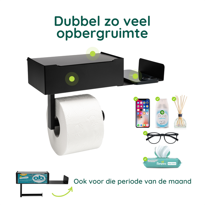 XIVADA Toiletrolhouder - Met plankje - Met opbergbakje - Rvs - Zwart (3)