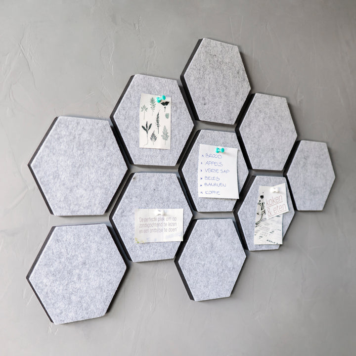 QUVIO Vilten memobord hexagon set van 10 - Grijs (3)