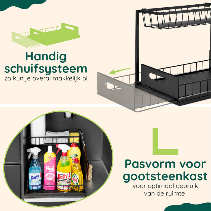 XIVADA Gootsteenkast organizer - Staal - Uitschuifbaar - Zwart (6)