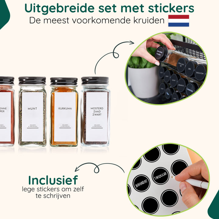 XIVADA Glazen kruidenpotjes vierkant - Stickers - Zwart - 24 stuks (8)