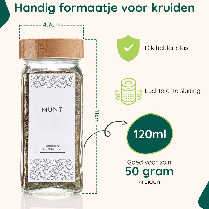XIVADA Glazen kruidenpotjes vierkant - Stickers - Bamboe - 24 stuks (3)