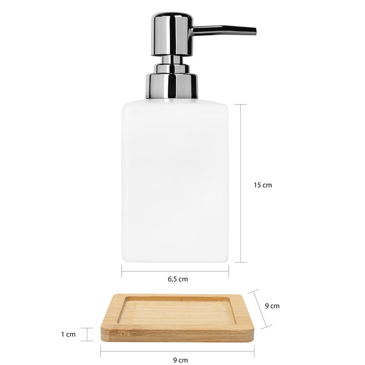 QUVIO Zeep dispenser met houten onderzetter - Wit (2)