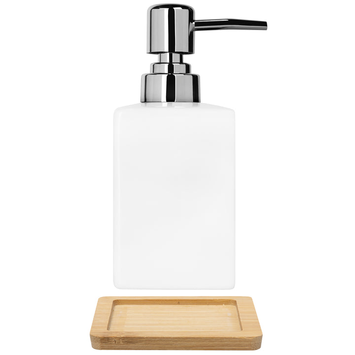 QUVIO Zeep dispenser met houten onderzetter - Wit (3)