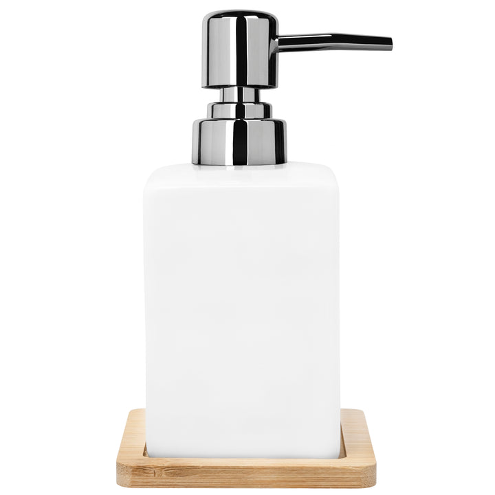 QUVIO Zeep dispenser met houten onderzetter - Wit (1)