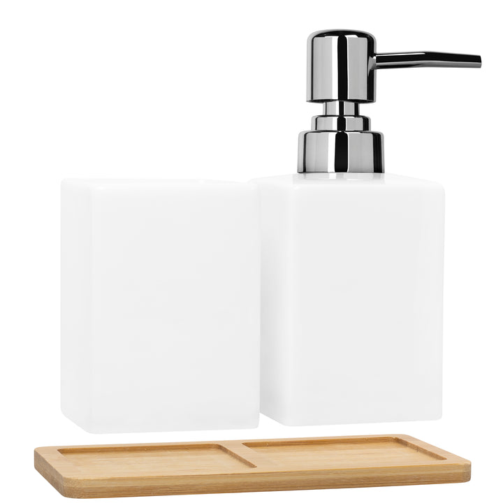 QUVIO Zeep dispenser + bakje met houten onderzetters - Wit (1)