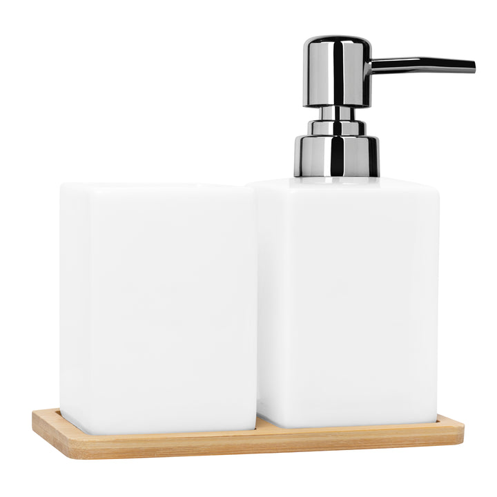 QUVIO Zeep dispenser + bakje met houten onderzetters - Wit