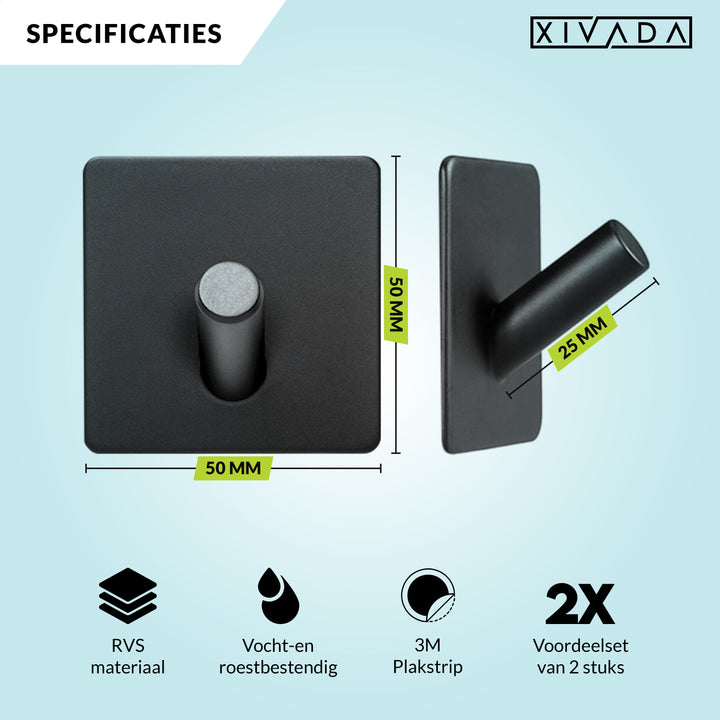 XIVADA Handdoekhaak Paza - Rvs - 3M Tape - Zwart - Set van 2 (7)