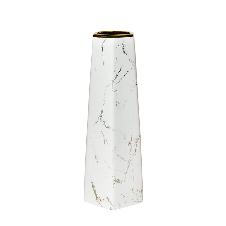 QUVIO Zeshoekige vaas, keramiek - Wit met goud marble look - M (1)