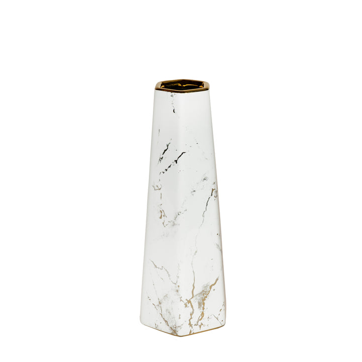 QUVIO Zeshoekige vaas, keramiek - Wit met goud marble look - S (1)