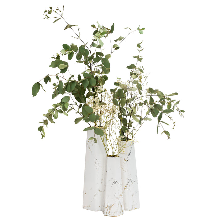 QUVIO Zeshoekige vaas, keramiek - Wit met goud marble look - S (3)