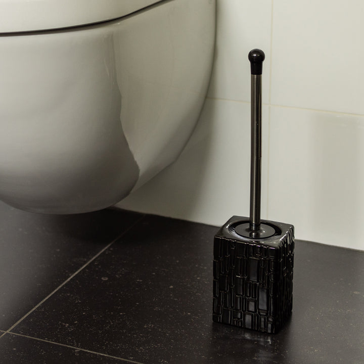 QUVIO Toiletborstel met houder vierkant met patroon - Keramiek - Zwart (5)