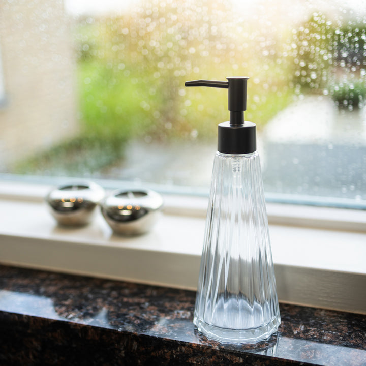 QUVIO-Zeepdispenser - Glas - 300 ml - Transparant met zwarte zeeppompje (2)
