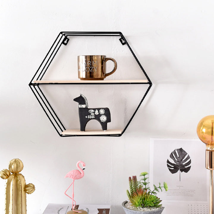 QUVIO Wandrek zeshoek zwart met hout (2)