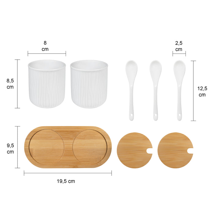 Krumble 2 keramieke potjes met lepels op ronde houten plankje - Wit + wit (2)