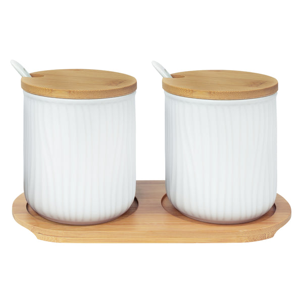 Krumble 2 keramieke potjes met lepels op ronde houten plankje - Wit + wit