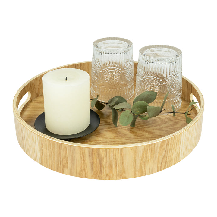 QUVIO Dienblad decoratie rond met handvaten - 30 cm - Hout - Bruin