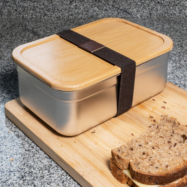Krumble Lunchbox rvs met houten deksel en bruine elastiek (5)