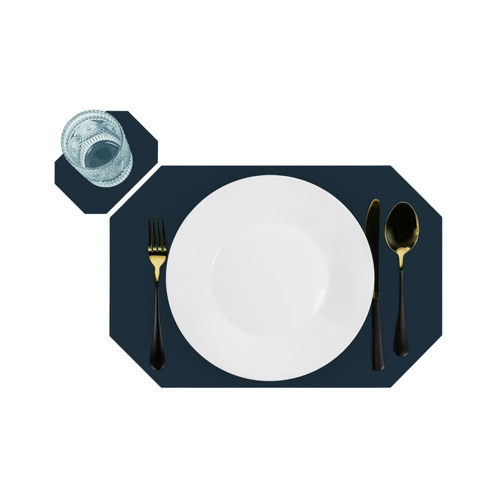 Krumble Placemat achthoekig + onderzetter - PU Leder - Blauw