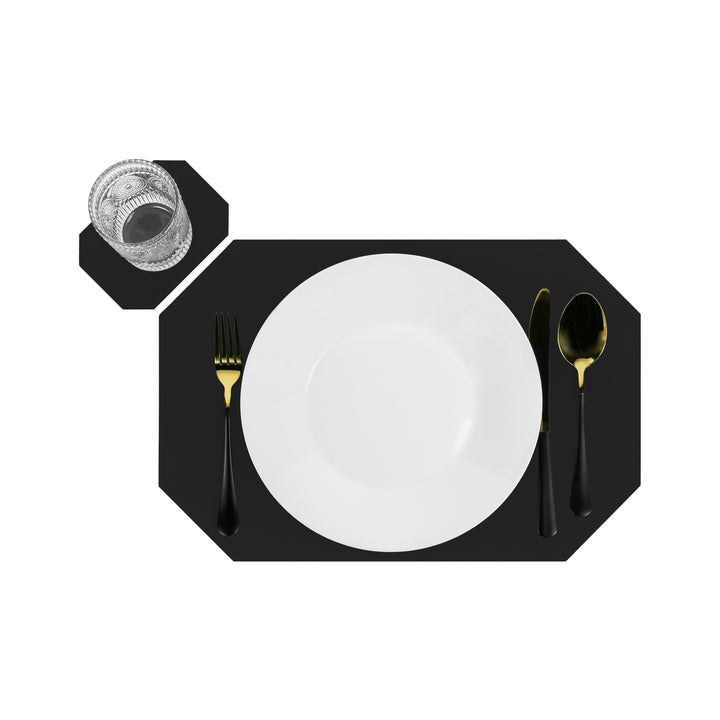 Krumble Placemat achthoekig + onderzetter - PU Leder - Zwart