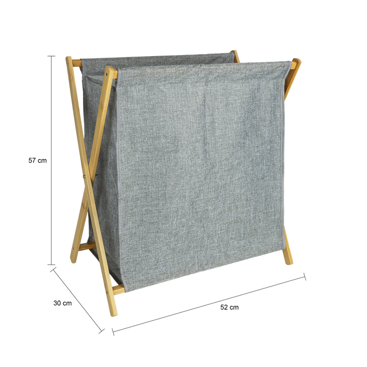 QUVIO Wasmand met houten frame - 52 x 30 x 57 cm - Grijs (1)