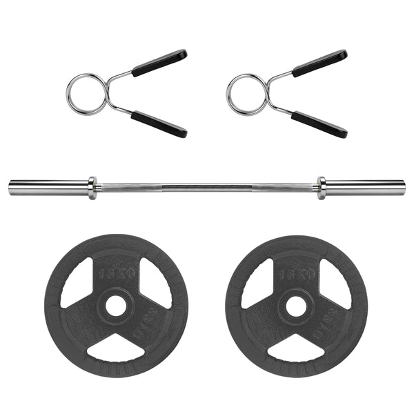 RYZOR Olympische Halterstang - 120 CM - Staal -  Zilver + Halterschijf - 15 KG - Gietijzer - Grijs - 1 Paar