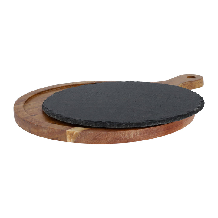 Krumble Serveerplank rond - M - Hout en Leisteen (2)