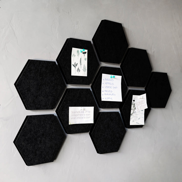 QUVIO Vilten memobord hexagon set van 10 - Zwart (3)