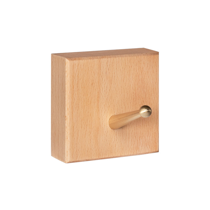 QUVIO Wandhaak houten vierkant met metalen haakje - Licht hout + goud